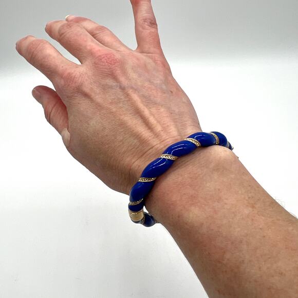 CLARE V Gold Plated Enamel Rope Bangle Bracelet Blue Rhinestone Crystal NEW - Picture 5 of 11